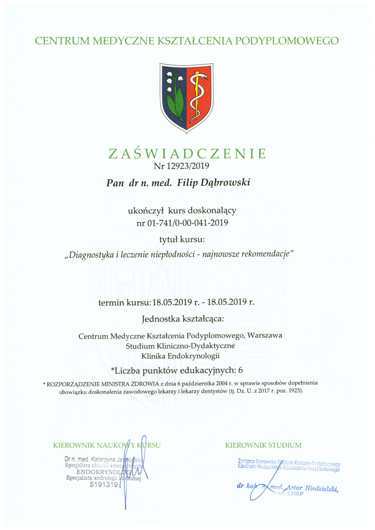 dr Filip Dąbrowski - zaswiadczenie - Diagnostyka i leczenie nieplodnosci - najnowsze rekomendacje.jpg